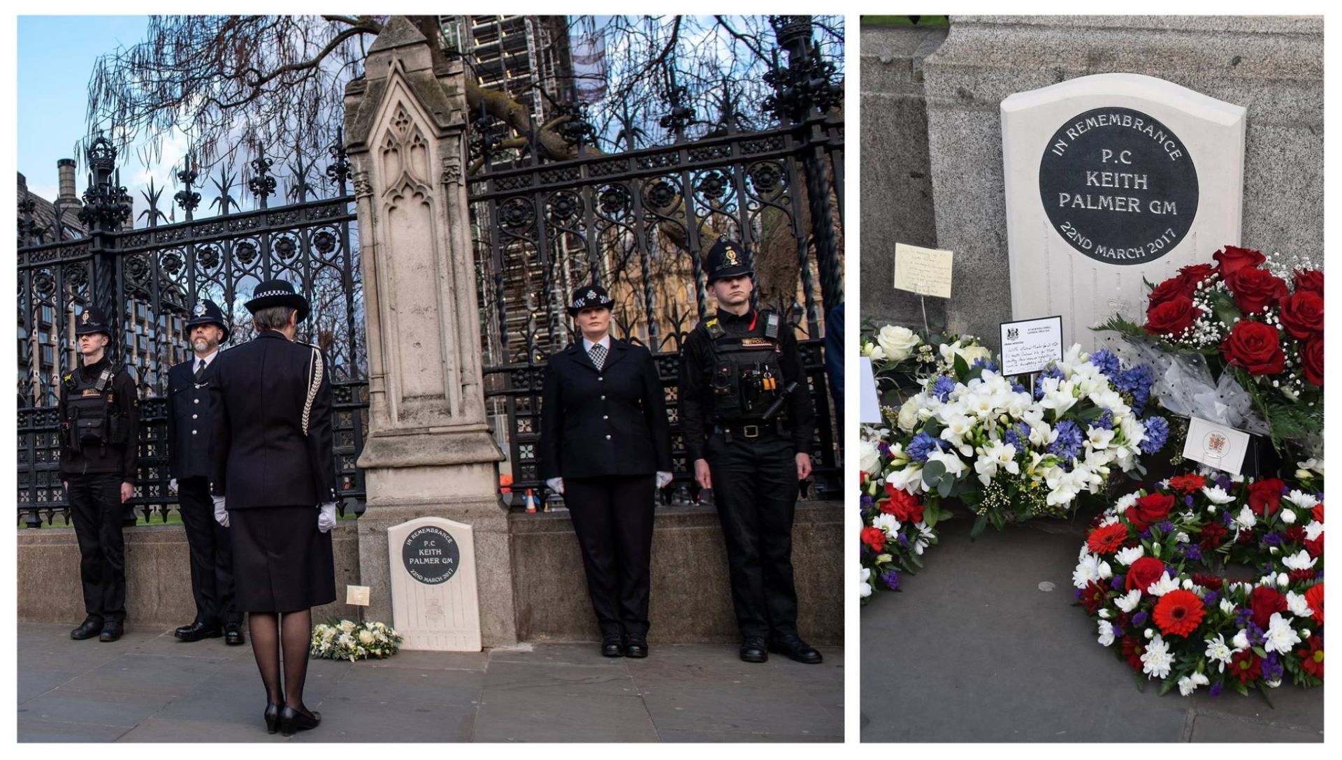 Stone memorial to PC Keith Palmer at the Palace of Westminster, with floral tributes.